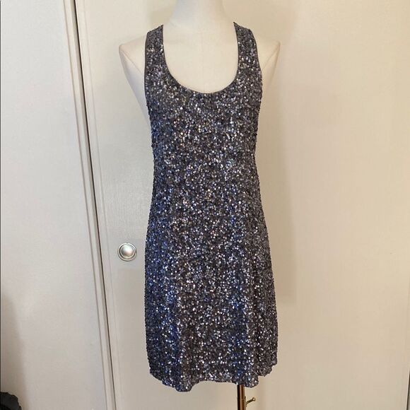 Alice + Olivia Silk Gray Blue Sequin A-line Shift Tank Mini Dress Size Small - Picture 2 of 13
